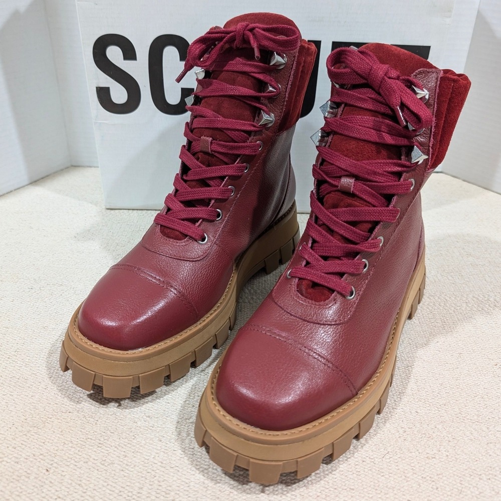 Schutz Sutton Dark Red Burgundy Leather Suede Lug Sole Combat Boots 7B NIB - Picture 3 of 11